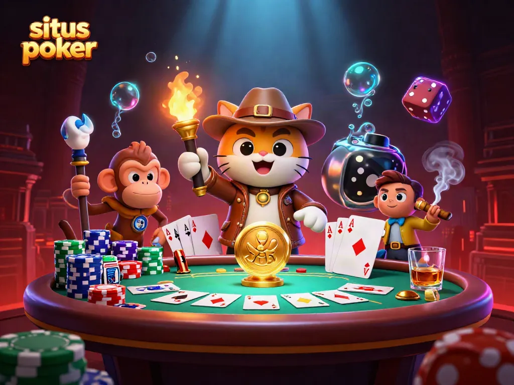 Gambarkan situs poker dengan karakter pencari harta karun dan elemen kasino yang kaya