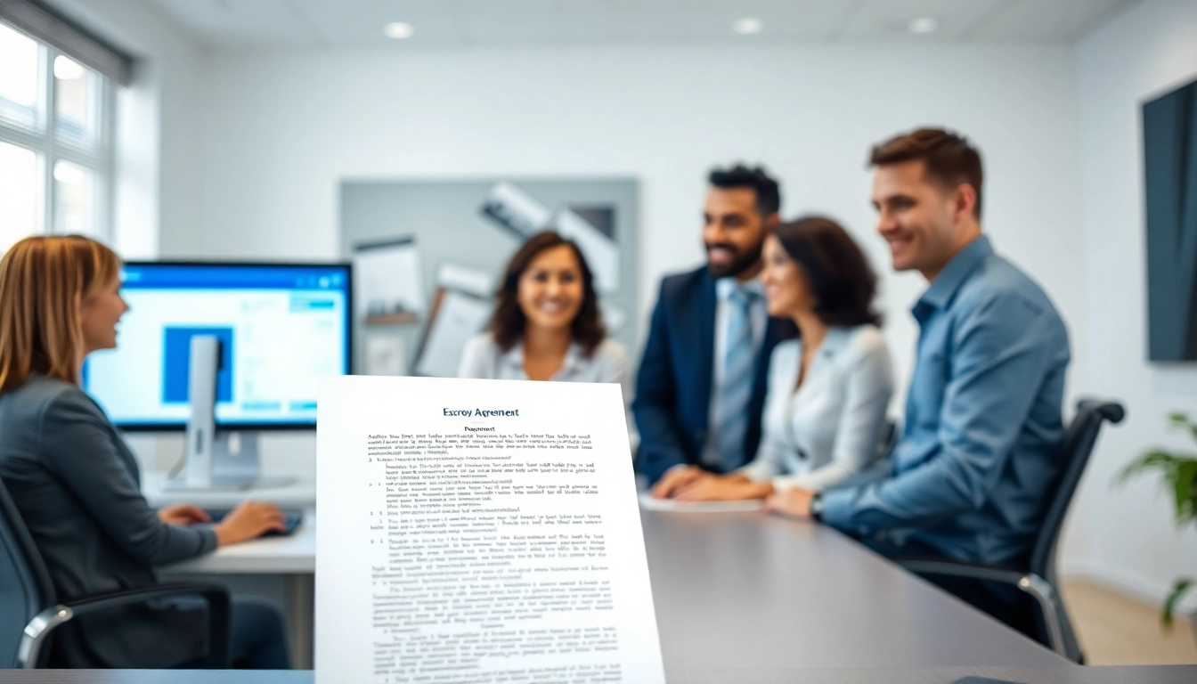 Engaging escrow services team collaborating over transaction details in a professional office environment.
