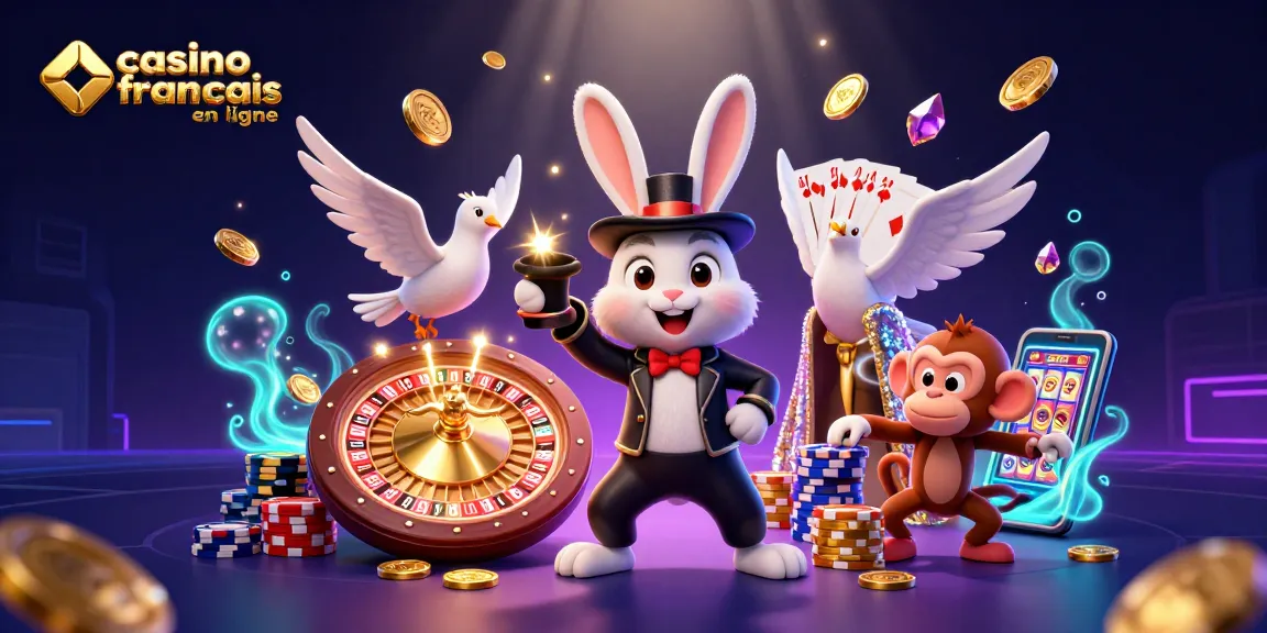 Visualisation dynamique de "casino français en ligne" avec un lapin magicien et une pièce d'or magique, offrant des effets fascinants.