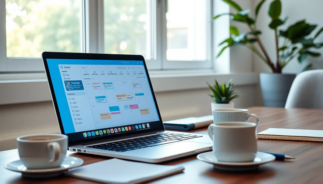 Utilizing a virtual assistant scheduling tool in a modern office setting to enhance productivity.