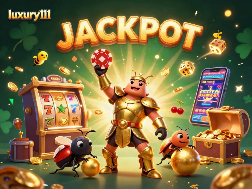 Engage with luxury111 by winning at slots, featuring a vibrant beetle duo amid jackpot visuals.