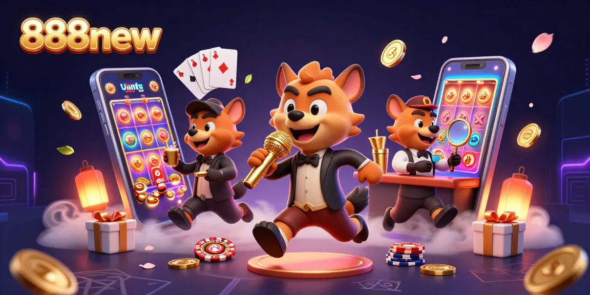 Experience the thrill of 888new with cartoon hyenas in a vibrant casino scene, featuring games and excitement.