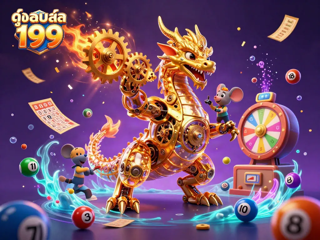Engage with the lively atmosphere of บอลสด 199, featuring a dynamic array of colorful lottery elements in a 3D rich environment.