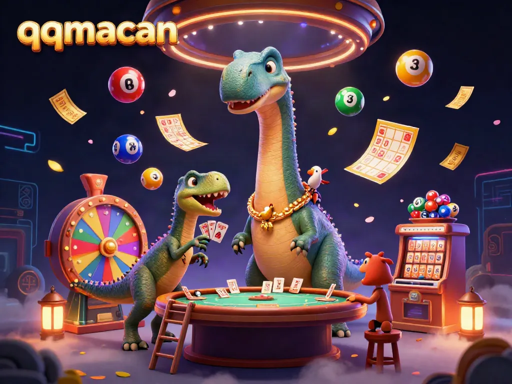 Engage in thrilling gameplay with qqmacan, featuring a brontosaurus and raptor in a vibrant casino scene.