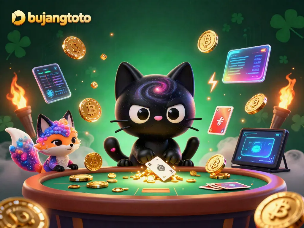 Bujangtoto cosmic casino scene with a black hole cat and a nebula fox pulling in golden chips and cards.