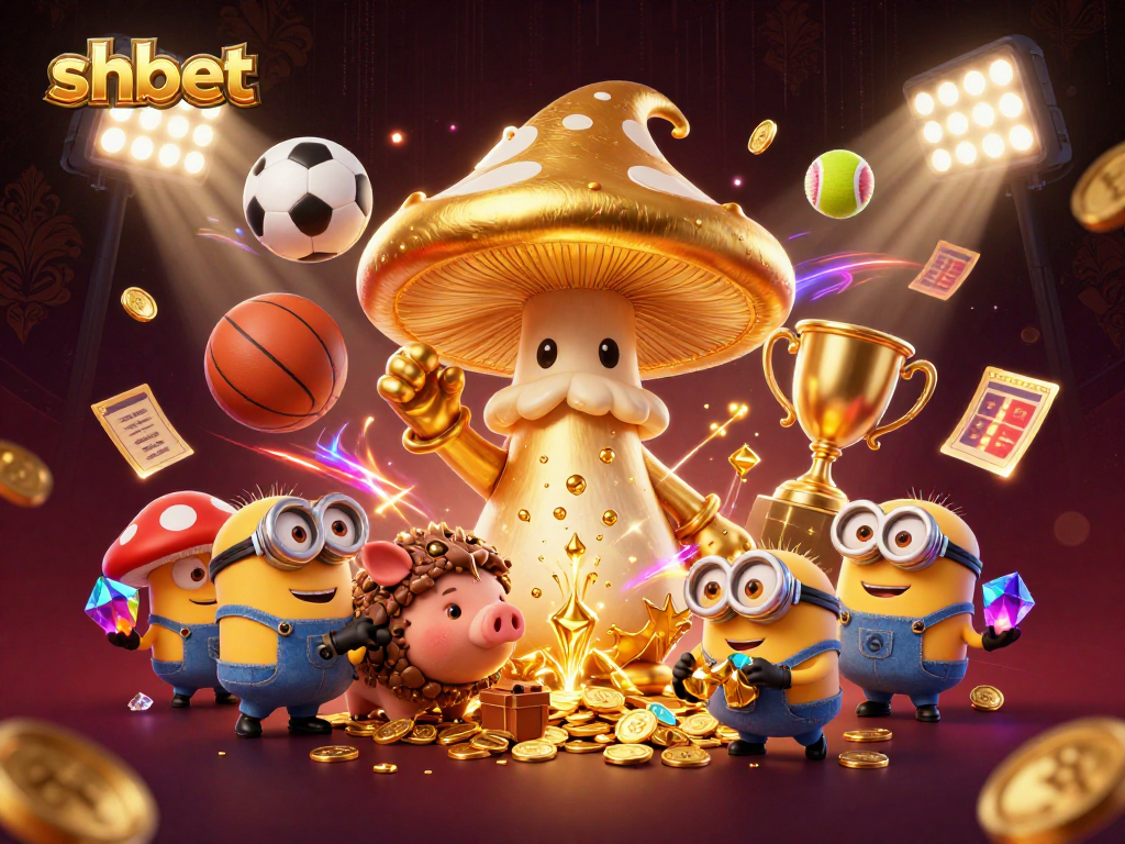 Join the excitement with shbet in a vibrant casino-themed fantasy illustration showcasing dynamic sports betting.
