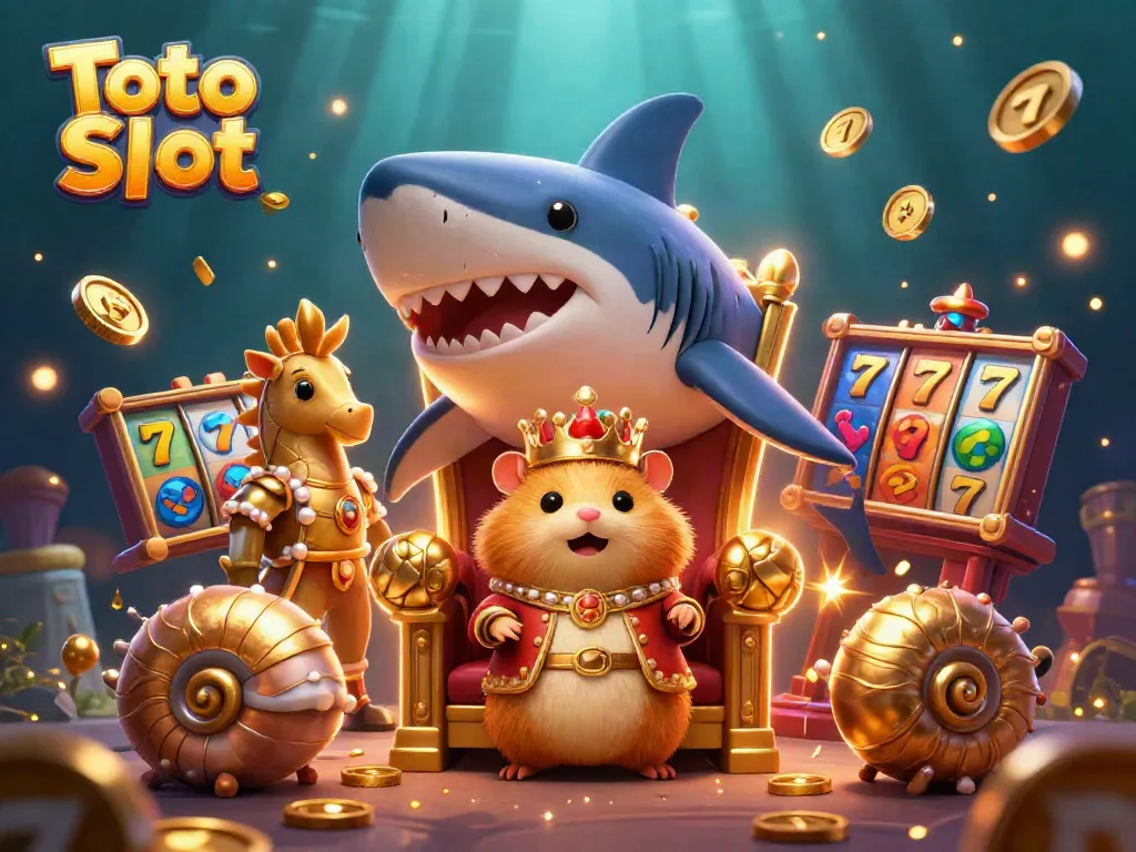 Ilustrasi menarik dengan karakter raja hamster emas dan simbol slot dengan kata kunci Toto Slot