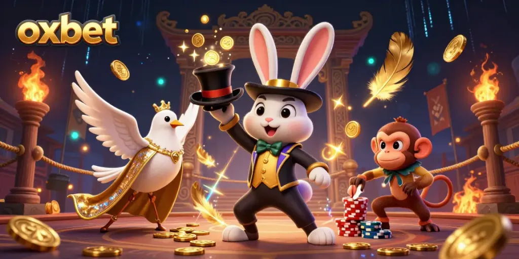 Experience thrilling magic at oxbet with a cartoon magician rabbit, dove, and monkey amidst sparkling casino elements.