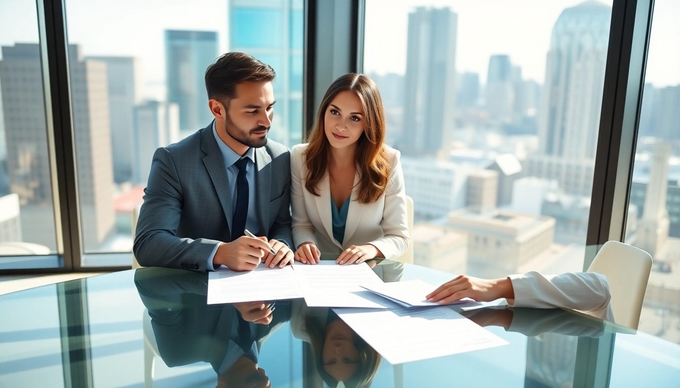 Couple discussing Family Law Financial Agreements with documents in a modern office setting.