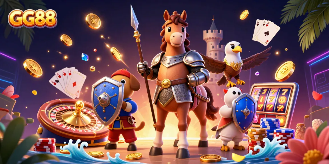 Win big with GG88, a lively casino scene showcasing vibrant 3D characters and exciting game elements.