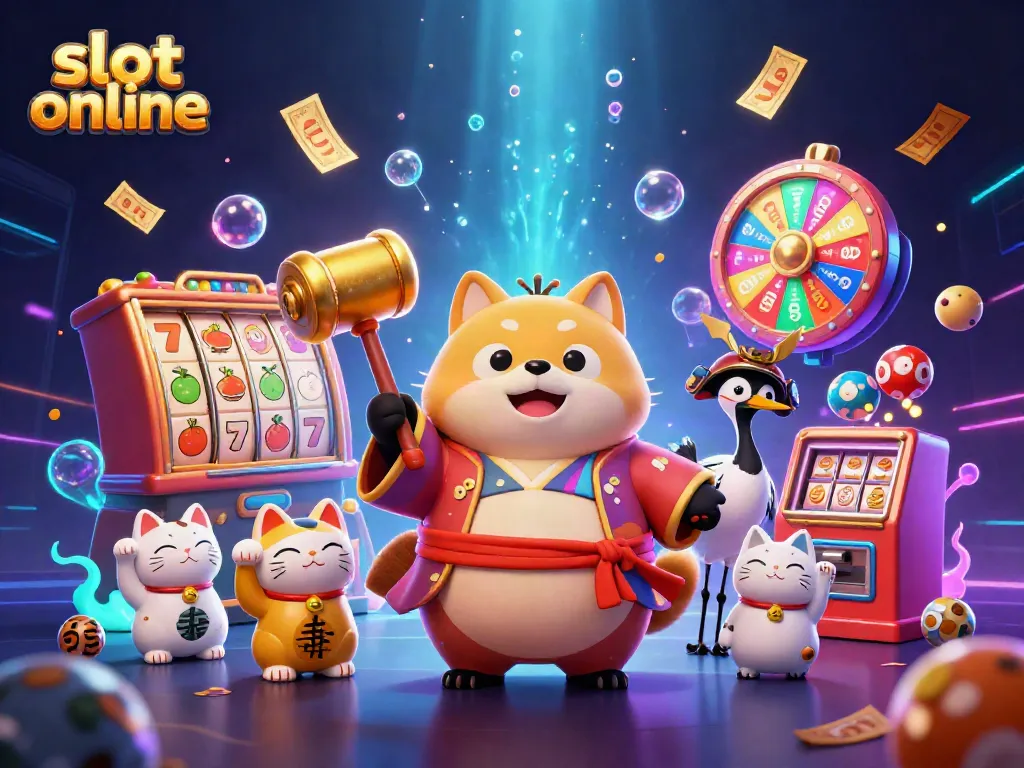 Spin reels and win with online slots in a vibrant 3D casino illustration featuring lucky characters.