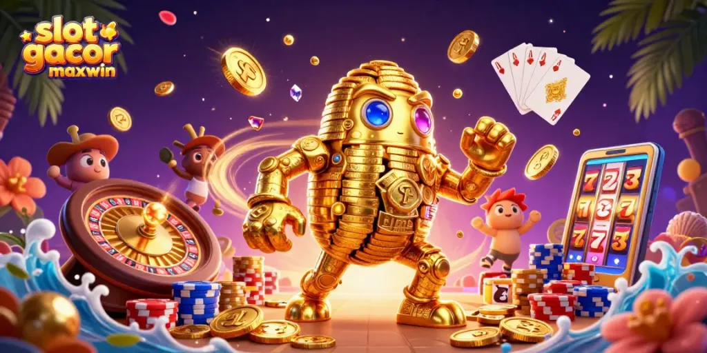 Slot gacor maxwin menyajikan golem emas dan simbol mesin slot mengelilingi permainan kasino.