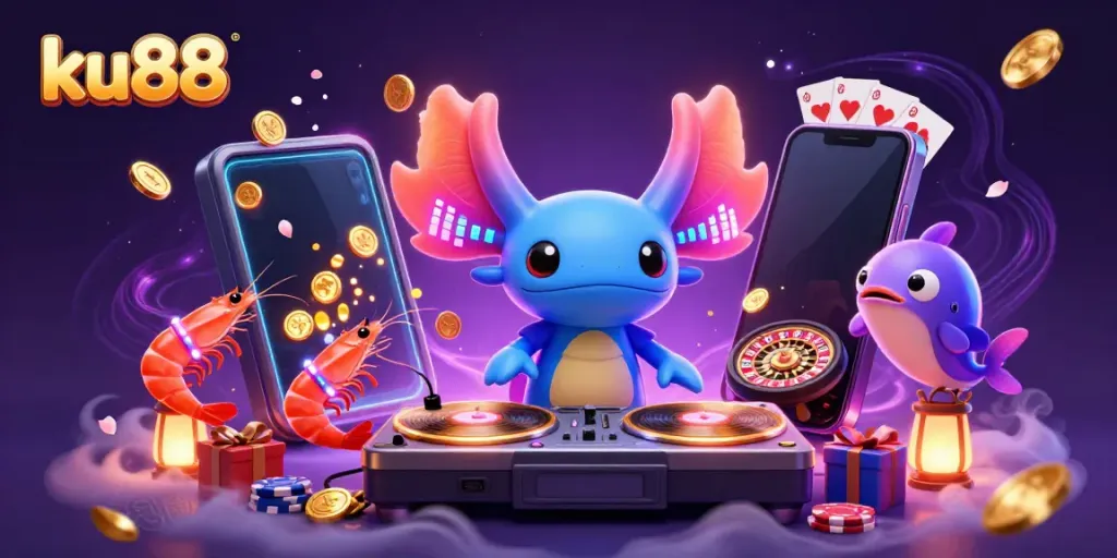 Vibrant scene of ku88 casino represented by a neon axolotl DJ performing with shrimp dancers, highlighting excitement.
