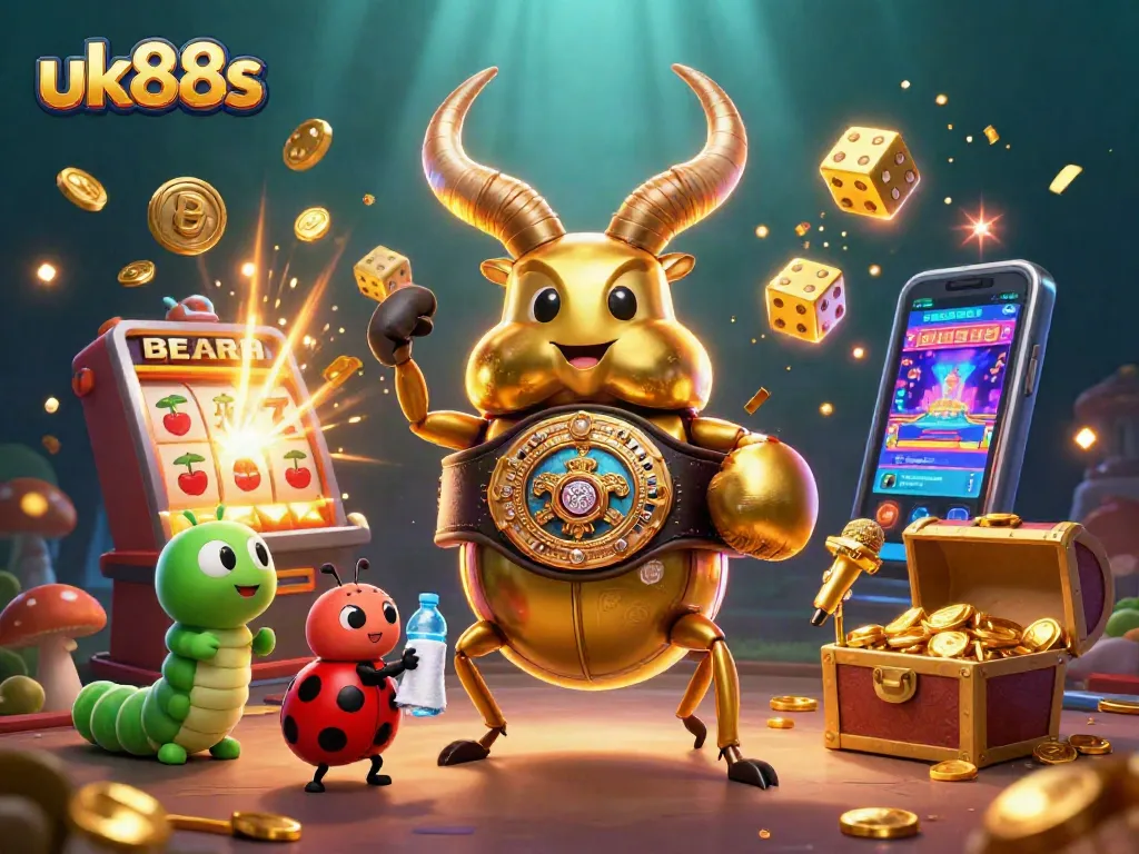 Join the excitement of uk88s casino games with a dynamic illustration of a giant beetle in a boxing match, surrounded by vibrant casino elements.