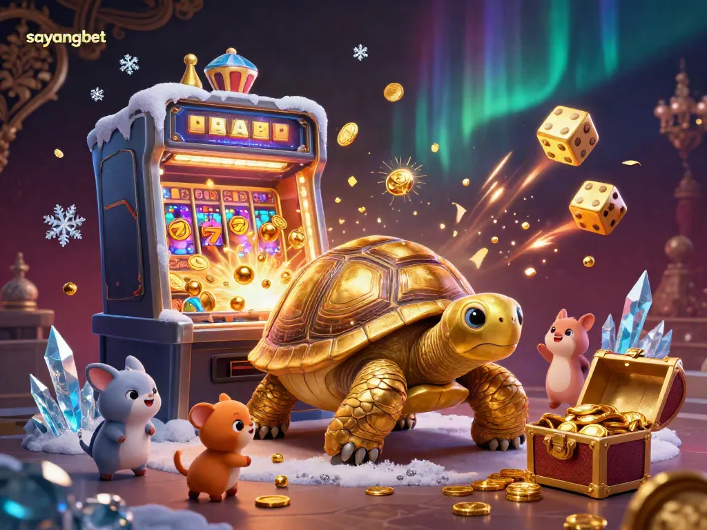 Experience the excitement at sayangbet with a vibrant 3D casino illustration featuring a golden tortoise pinball machine.