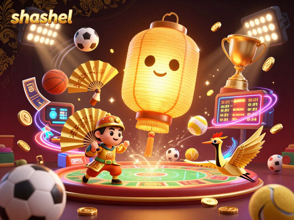 Engage in dynamic sports betting at shashel casino with vibrant golden elements and flying sports balls.
