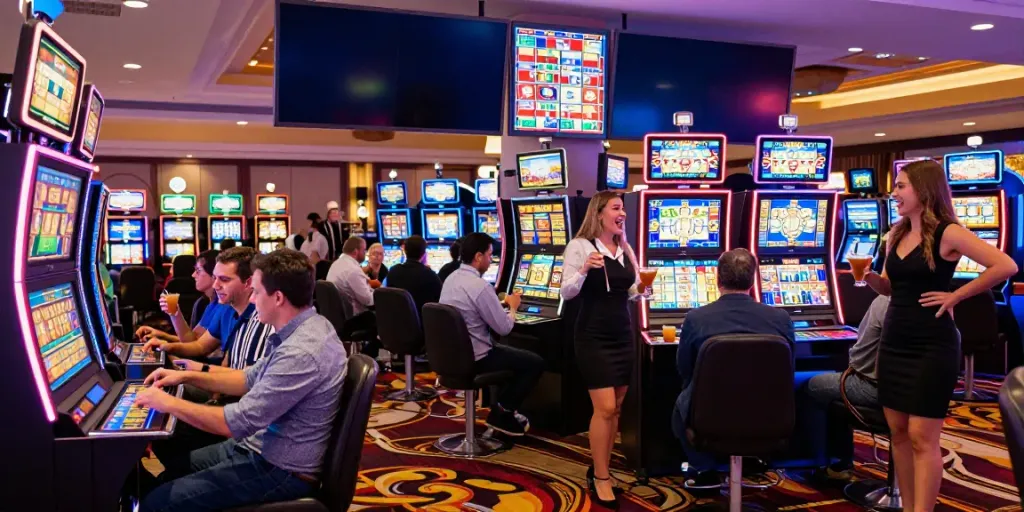 Exciting casino scene featuring diverse players enjoying สล็อตเว็บตรง slot machines with vibrant lights and energetic atmosphere.