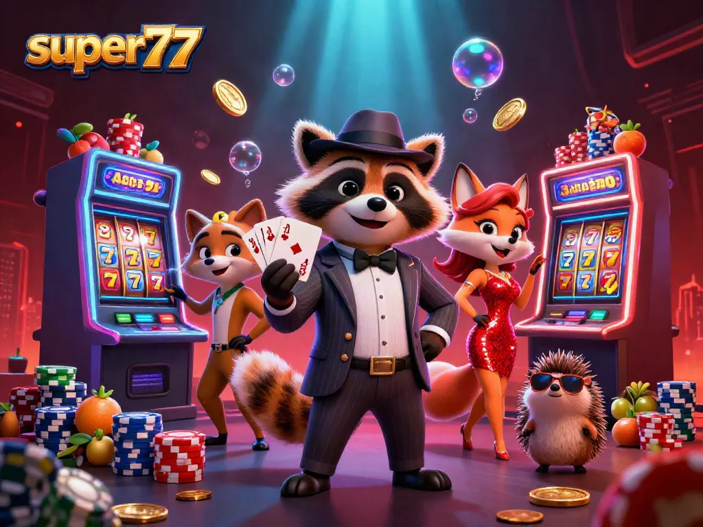 Engaging scene of super77 slot gaming featuring a suave raccoon, fox lady, and hedgehog bouncer amidst jackpot machines