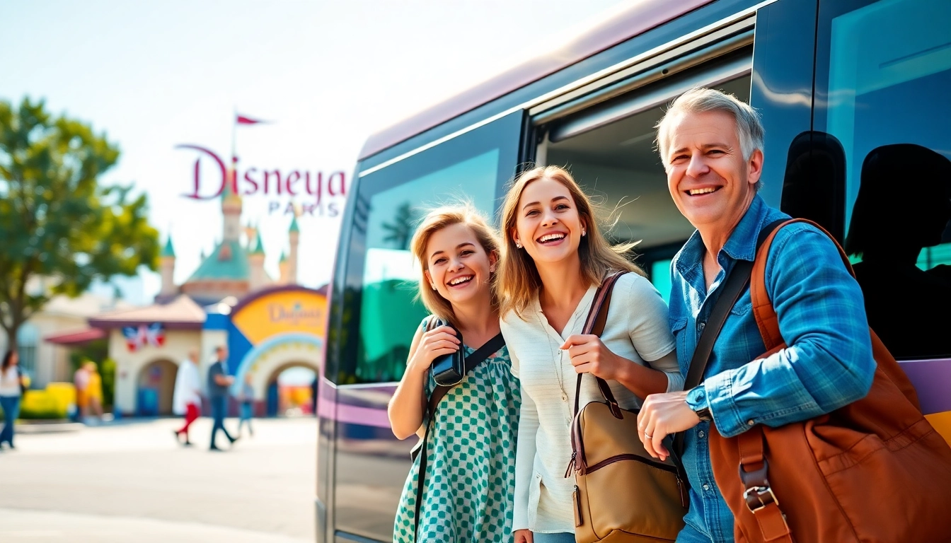 Family boarding shuttle for transfers from paris airport to disneyland with excitement.