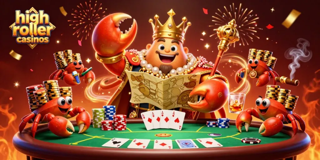 Experience the thrill of high roller casinos with a golden crab emperor and poker elements in a vibrant scene.