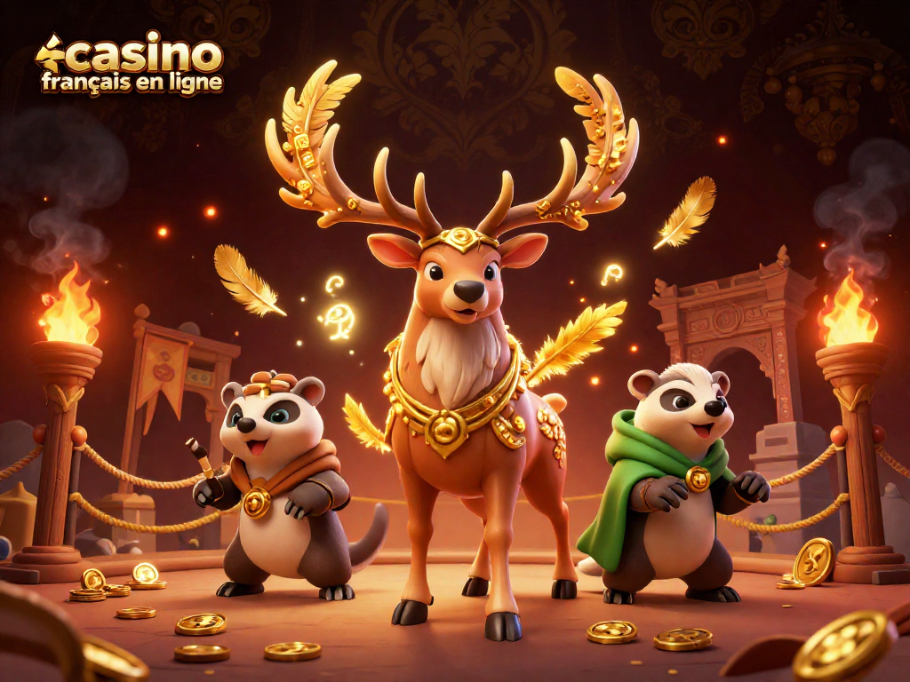 Jouez sur un casino français en ligne avec une scène immersive mettant en avant un cerf druidique et un blaireau sage.