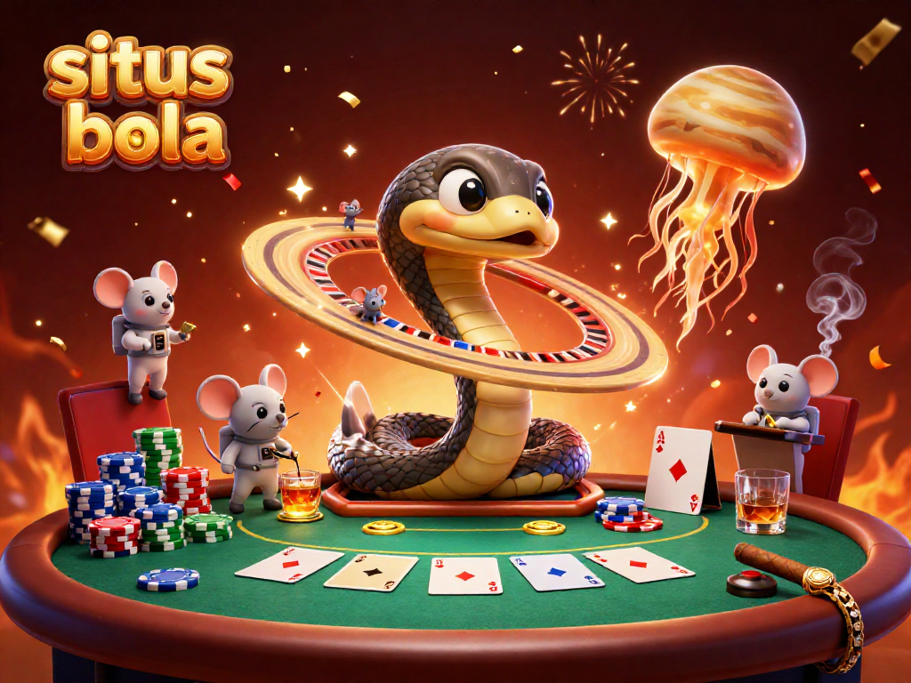 Bet on situs judi bola with exciting games like poker, featuring vibrant 3D renderings and dynamic characters.