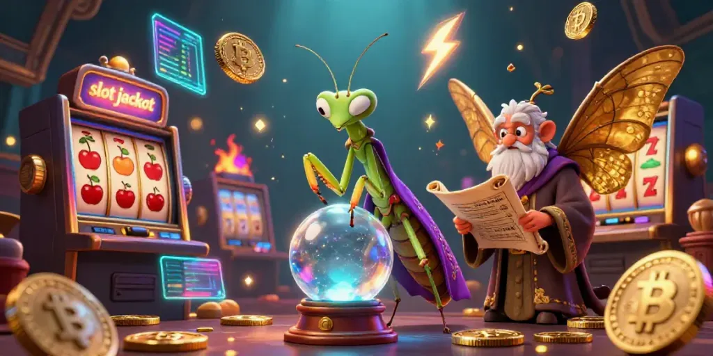 Slot jackpot menanti dalam ilustrasi 3D yang menampilkan mantis peramal dan kupu-kupu bijak yang dikelilingi simbol kasino.
