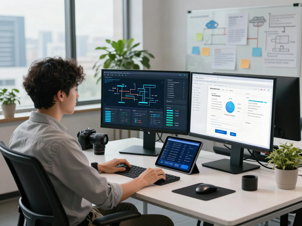 Data analyst using document fraud detection software in modern workspace with analytics dashboards.