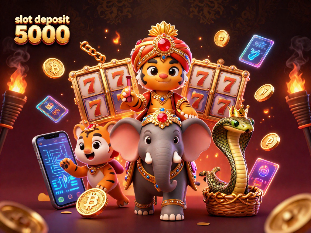 Engage with the exciting world of slot deposit 5000, featuring an adventurous maharaja and vibrant casino elements.