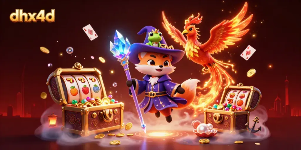 dhx4d menampilkan wizard kartun dan phoenix dalam ilustrasi kasino 3D yang penuh warna.