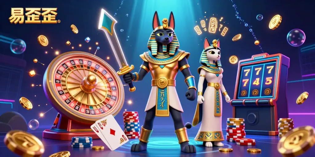 Experience the excitement of gambling with 易歪歪 in a vibrant 3D casino scene featuring Anubis and Bastet.