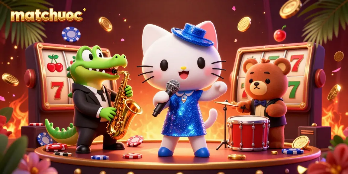 Experience a vibrant casino scene with matchuoc featuring a jazzy cat, crocodile, and bear cub.
