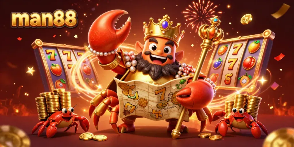 Engage with the exciting world at man88 as a golden crab emperor leads a vibrant slot game scene.