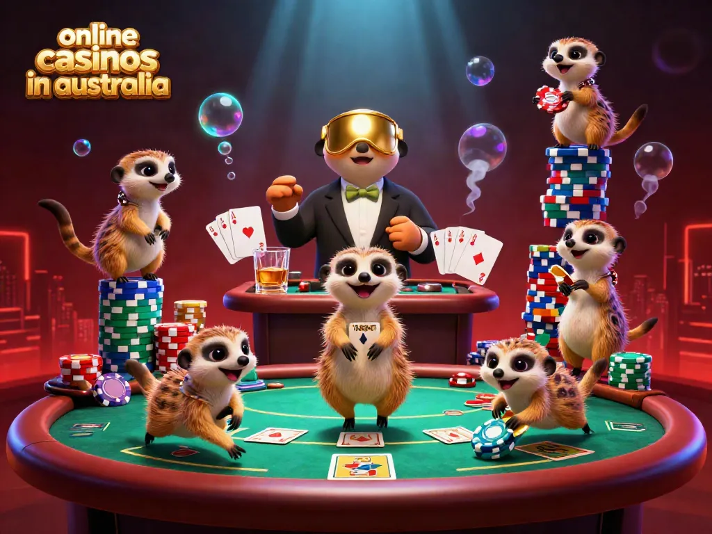 Meerkats operating a vibrant casino scene, highlighting online casinos in australia with poker tables and chips.