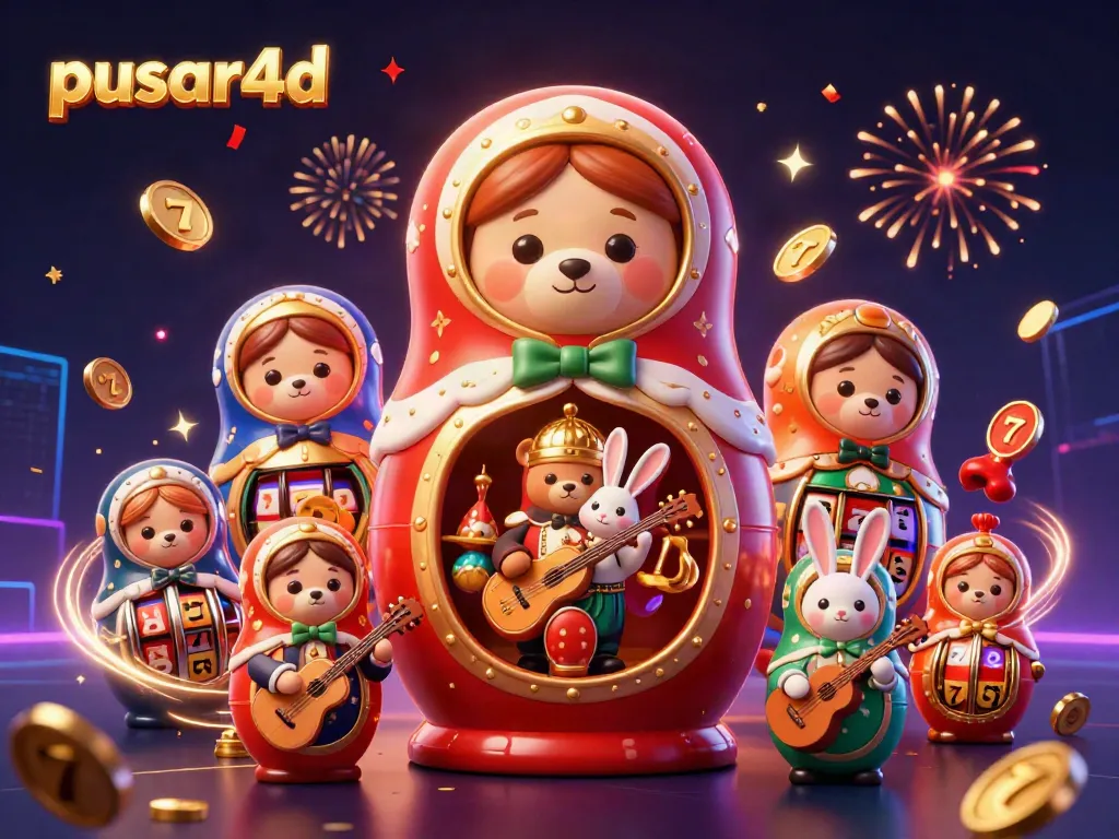 Engage with pusar4d's exciting casino world as you experience a vibrant 3D scene of playful bears and lottery elements.