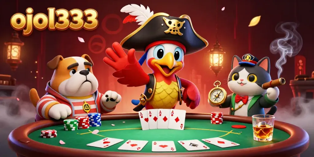 Experience the excitement of ojol333 with a vibrant 3D illustration featuring game elements and lively characters.