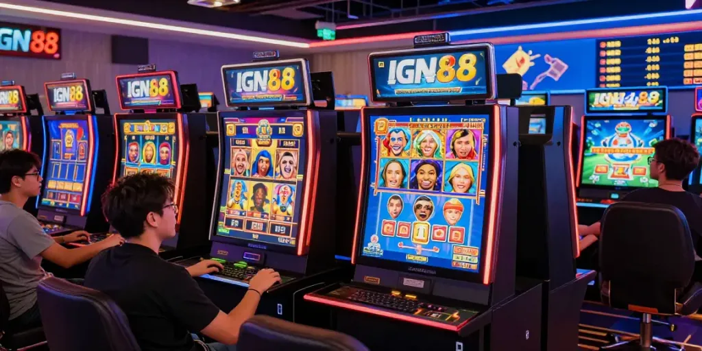 Penggemar judi online memainkan mesin slot di platform IGN88 yang penuh warna.