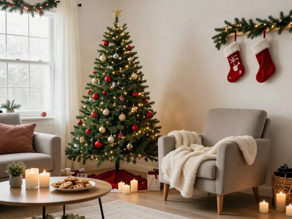 Decorated slim Christmas tree in a cozy living room with festive atmosphere.