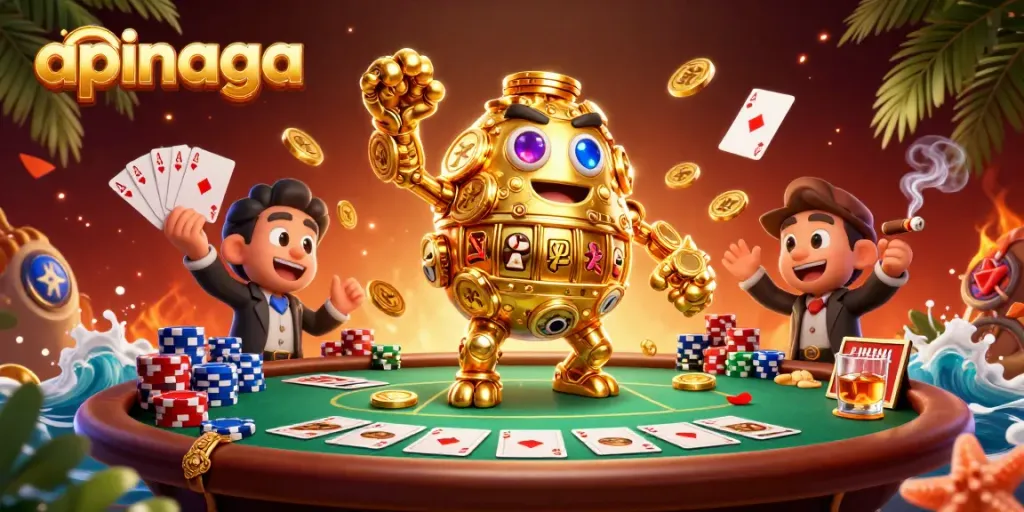 Experience the excitement of apinaga with an immersive 3D casino scene featuring a golden golem and vibrant poker setup.